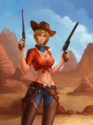 Size: 1986x2672 | Tagged: safe, artist:asimos, applejack, human, g4, bandana, belly button, breasts, busty applejack, chaps, cowgirl, female, front knot midriff, gun, humanized, midriff, no trigger discipline, revolver, solo, weapon
