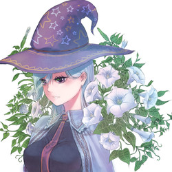Size: 1000x1000 | Tagged: safe, artist:rinnemi, trixie, human, g4, busty trixie, clothes, cute, female, flower, hat, humanized, moonflower, necktie, simple background, solo, trixie's hat, white background