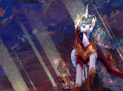 Size: 3748x2775 | Tagged: safe, artist:quiet-victories, princess celestia, g4, army, banner, cape, clothes, crepuscular rays, gouache, high res, royal guard, traditional art