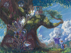 Size: 3745x2781 | Tagged: safe, artist:quiet-victories, rainbow dash, twilight sparkle, alicorn, pony, g4, crystal, duo, female, golden oaks library, gouache, high res, mare, ponyville, scenery, scenery porn, traditional art, twilight sparkle (alicorn)