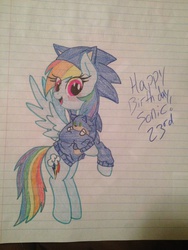Size: 2448x3264 | Tagged: safe, artist:shadayloronic, rainbow dash, g4, clothes, cosplay, costume, crossover, high res, male, plushie, sonic the hedgehog, sonic the hedgehog (series), traditional art