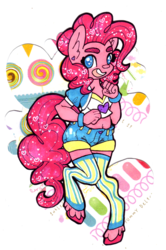 Size: 400x601 | Tagged: safe, artist:plagioclasefeldspar, pinkie pie, earth pony, anthro, unguligrade anthro, g4, belly button, clothes, female, heart, heart background, heart eyes, midriff, open mouth, open smile, shirt, short shirt, shorts, smiling, solo, unshorn fetlocks, wingding eyes