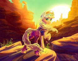 Size: 1600x1257 | Tagged: safe, artist:viwrastupr, applejack, g4, butt, canyon, clothes, cowgirl, desert, dock, ear fluff, female, looking back, plot, scenery, solo, sunset, unshorn fetlocks