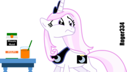 Size: 1024x587 | Tagged: safe, artist:roger334, fleur-de-lis, pony, unicorn, g4, crown, don't make me, fake cutie mark, minute maid, orange juice, scared, simple background, straw, stuntmare, stuntpony, transparent background