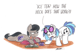 Size: 2058x1413 | Tagged: safe, artist:bobthedalek, dj pon-3, octavia melody, vinyl scratch, earth pony, pony, unicorn, g4, backwards cutie mark, confused, iced tea, octavia is not amused, pillow, teacup, unamused