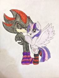 Size: 2448x3264 | Tagged: safe, artist:shadayloronic, twilight sparkle, alicorn, pony, g4, clothes, crossover, female, high res, male, mare, shadow the hedgehog, socks, sonic the hedgehog, sonic the hedgehog (series), striped socks, traditional art, twilight sparkle (alicorn)