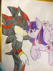 Size: 2448x3264 | Tagged: safe, artist:shadayloronic, twilight sparkle, alicorn, pony, g4, crossover, female, high res, male, mare, shadow the hedgehog, sonic the hedgehog, sonic the hedgehog (series), traditional art, twilight sparkle (alicorn)