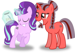 Size: 4166x3000 | Tagged: safe, artist:ruinedomega, starlight glimmer, oc, oc:ademitia, pony, unicorn, g4, the cutie map, alternate hairstyle, crying, duo, duo female, egalitarianism, equal cutie mark, equalized, equalized mane, female, forced smile, glowing horn, horn, jar, magic, magic aura, s5 starlight, simple background, smiling, tears of joy, transparent background, vector