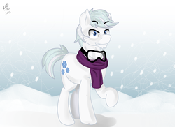 Size: 5500x4000 | Tagged: safe, artist:artistbrony, double diamond, earth pony, pony, g4, the cutie map, clothes, goggles, male, raised hoof, scarf, snow, snowfall, solo, stallion