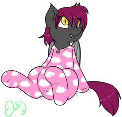 Size: 722x693 | Tagged: safe, artist:lildooks, oc, oc only, oc:nyct, bat pony, pony, clothes, diaper, footed sleeper, freckles, non-baby in diaper, pajamas, poofy diaper, solo