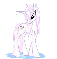 Size: 880x900 | Tagged: safe, artist:groovebird, fleur-de-lis, pony, unicorn, g4, concave belly, female, horn, mare, miss fleur is trying to seduce us, puddle, slender, smiling, solo, thin, wet, wet mane