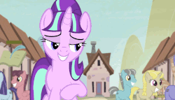 Size: 944x540 | Tagged: safe, screencap, blueberry frosting, moon dust, offbeat, starlight glimmer, g4, the cutie map, animated, creepy, creepy smile, cult, female, in our town, lidded eyes, singing, smiling, stomping