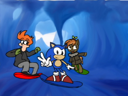 Size: 920x693 | Tagged: safe, artist:therealfry1, button mash, earth pony, g4, bipedal, clothes, colt, crossover, foal, futurama, male, open mouth, philip j. fry, snow, snowboarding, sonic the hedgehog, sonic the hedgehog (series)