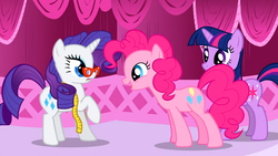 Size: 1366x768 | Tagged: safe, screencap, pinkie pie, rarity, twilight sparkle, earth pony, pony, unicorn, g4, suited for success, glasses, measuring tape