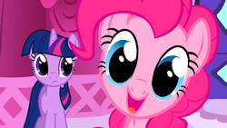 Size: 1366x768 | Tagged: safe, screencap, pinkie pie, twilight sparkle, g4, suited for success