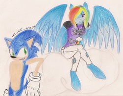 Size: 943x742 | Tagged: safe, artist:athrun2371, rainbow dash, anthro, unguligrade anthro, g4, crossover, male, ripped pants, sonic the hedgehog, sonic the hedgehog (series)