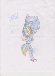Size: 2550x3501 | Tagged: safe, artist:marioandsoniccompany, rainbow dash, anthro, g4, crossover, crossover shipping, female, interspecies, love, male, shipping, sonic the hedgehog, sonic the hedgehog (series), sonic the werehog, sonicdash, straight