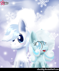 Size: 749x900 | Tagged: safe, artist:clouddg, double diamond, oc, oc:snowdrop, pony, g4, the cutie map, duo, ice, similarities, snow, snowflake, white