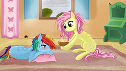Size: 1280x720 | Tagged: safe, artist:v-invidia, fluttershy, rainbow dash, pegasus, pony, g4, blushing, cute, duo, fluttershy's cottage, heartwarming, hot water bottle, pillow, sick, soup, thermometer