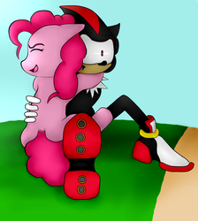 Size: 984x1096 | Tagged: safe, artist:tj0001, pinkie pie, g4, crossover, crossover shipping, female, hug, male, shadow the hedgehog, shadpie, shipping, sonic the hedgehog, sonic the hedgehog (series), straight