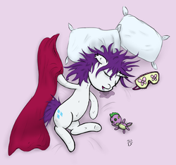 Size: 2048x1916 | Tagged: safe, artist:123turtleshell, rarity, spike, g4, bed mane, drool, eyes closed, female, fluffy, hilarious in hindsight, majestic as fuck, messy mane, on side, open mouth, pillow, plushie, sleep mask, sleeping, smiling, solo, spike plushie