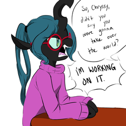 Size: 1000x1000 | Tagged: safe, artist:glacierclear, artist:glacierclear edits, edit, queen chrysalis, changeling, changeling queen, g4, adorkable, alternate hairstyle, angry, clothes, colored, cute, cutealis, dialogue, dork, dorkalis, female, glasses, meganekko, nerd, open mouth, ponytail, shirt, simple background, solo, sweater, table, turtleneck, white background, yelling, younger