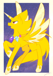 Size: 1200x1703 | Tagged: safe, artist:caninelove, alicorn, pony, alicornified, crossover, hoof shoes, jewelry, looking up, male, necklace, ponified, race swap, raised hoof, signature, sonic the hedgehog, sonic the hedgehog (series), stars, super sonic