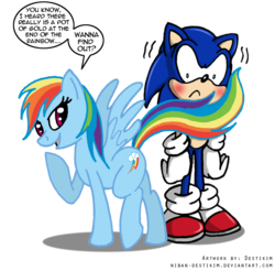 Size: 780x766 | Tagged: safe, artist:niban-destikim, rainbow dash, hedgehog, pegasus, pony, g4, backwards cutie mark, butt, crossover, crossover shipping, dialogue, do not want, female, innuendo, interspecies, male, mare, plot, seduction, seductive, shipping, simple background, sonic the hedgehog, sonic the hedgehog (series), sonicdash, straight, tail seduce, transparent background