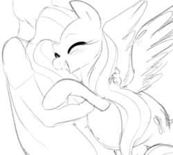 Size: 628x563 | Tagged: safe, artist:dotkwa, fluttershy, oc, oc:anon, human, g4, belly, belly button, bipedal leaning, blushing, cute, explicit source, eyes closed, grayscale, happy, hug, human male, male, monochrome, open mouth, pregnant, smiling, spread wings