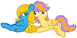 Size: 1280x645 | Tagged: safe, artist:furrgroup, oc, oc only, oc:internet explorer, earth pony, pegasus, pony, ask internet explorer, browser ponies, duo, internet explorer, libra, lidded eyes, looking at each other, lying down, ponyscopes, simple background, smiling, white background, zodiac