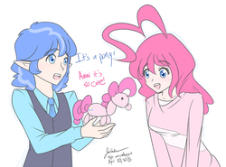 Size: 1280x948 | Tagged: safe, artist:jonfawkes, party favor, pinkie pie, human, g4, 30 minute art challenge, balloon animal, dialogue, elf ears, humanized