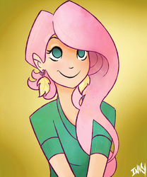 Size: 1000x1200 | Tagged: dead source, safe, artist:inkypsycho, fluttershy, human, equestria girls, g4, bust, clothes, ear piercing, earring, female, humanized, jewelry, looking up, piercing, smiling, solo