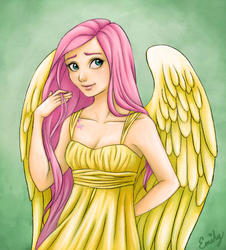Size: 827x916 | Tagged: safe, artist:emmitz, fluttershy, human, g4, alternative cutie mark placement, boobie mark, breasts, clothes, dress, female, humanized, looking at you, solo, winged humanization, wings