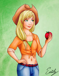 Size: 600x772 | Tagged: safe, artist:emmitz, applejack, human, g4, belly button, female, humanized, solo