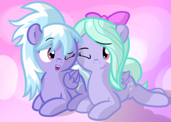 Size: 1474x1047 | Tagged: safe, artist:furrgroup, cloudchaser, flitter, pegasus, pony, g4, duo, full body, happy, looking at each other, looking at someone, lying down, one eye closed, ponyloaf, prone, smiling, wink