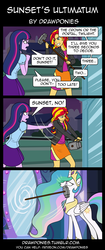 Size: 850x2020 | Tagged: safe, artist:drawponies, princess celestia, sunset shimmer, twilight sparkle, alicorn, pony, equestria girls, g4, my little pony equestria girls, celestiabuse, comic, female, mare, mirror, parody, portal, reality ensues, scene parody, sledgehammer, statue, this will end in tears and/or a journey to the moon