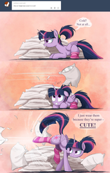 Size: 1280x2008 | Tagged: dead source, safe, artist:ncmares, edit, twilight sparkle, alicorn, pony, ask majesty incarnate, g4, alternate hairstyle, ask, bucking, clothes, cute, female, floppy ears, frown, glare, gritted teeth, kicking, mare, ncmares is trying to murder us, pillow, pillow fight, ponytail, prone, smiling, smirk, socks, striped socks, truth, tumblr, twiabetes, twilight sparkle (alicorn), wide eyes