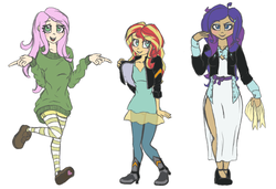 Size: 1138x779 | Tagged: safe, artist:tami-kitten, fluttershy, rarity, sunset shimmer, human, g4, clothes, humanized, sweater, sweatershy