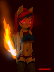 Size: 1536x2056 | Tagged: safe, artist:zachthehedgehog97-2, oc, oc only, oc:flare scorch, anthro, anthro oc, breasts, clothes, female, fire, glowing eyes, red eyes, socks, solo, thigh highs, underboob