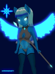 Size: 1536x2056 | Tagged: safe, artist:zachthehedgehog97-2, oc, oc only, oc:icelyn, pegasus, anthro, anthro oc, clothes, female, glowing eyes, glowing wings, socks, solo, staff weapon, thigh highs