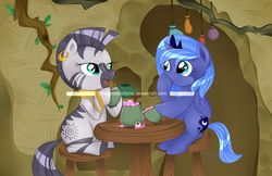 Size: 1024x663 | Tagged: safe, artist:omgproductions, princess luna, zecora, zebra, g4, cute, eyeball, filly, tea, watermark, woona, younger, zecorable