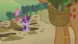 Size: 1279x721 | Tagged: safe, screencap, applejack, twilight sparkle, alicorn, pony, castle sweet castle, g4, basket, cute, discovery family, discovery family logo, female, field, holes, mare, smiling, sweet apple acres, twilight sparkle (alicorn)