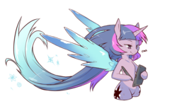 Size: 3200x1920 | Tagged: safe, artist:cold-blooded-twilight, twilight sparkle, semi-anthro, cold blooded twilight, g4, arm hooves, banner, long mane, snow, snowflake, tablet, twilight sparkle (alicorn)