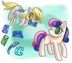 Size: 1023x887 | Tagged: safe, artist:tamoqu, bon bon, derpy hooves, sweetie drops, pegasus, pony, g4, female, mail, mare