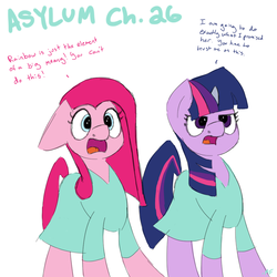 Size: 1036x1036 | Tagged: safe, artist:downburst-backspace, pinkie pie, twilight sparkle, earth pony, pony, unicorn, fanfic:asylum, g4, asylum, clothes, dialogue, duo, fanfic, fanfic art, horn, horn cap, hospital gown, magic suppression, pinkamena diane pie, simple background, white background