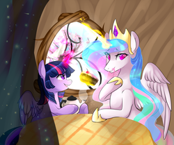 Size: 2412x2012 | Tagged: safe, artist:catzino, princess celestia, twilight sparkle, alicorn, pony, g4, cake, female, high res, magic, mare, telekinesis, twilight sparkle (alicorn)