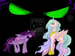 Size: 1024x768 | Tagged: dead source, safe, artist:hannandpencil, king sombra, princess celestia, twilight sparkle, alicorn, pony, g4, deviantart watermark, female, mare, obtrusive watermark, twilight sparkle (alicorn), watermark