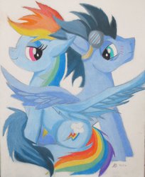 Size: 1024x1257 | Tagged: safe, artist:purpleslyfox, rainbow dash, soarin', g4, female, male, ship:soarindash, shipping, straight, traditional art