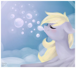 Size: 1024x919 | Tagged: safe, artist:drawing-heart, derpy hooves, pegasus, pony, g4, blowing bubbles, blushing, bubble, cute, female, mare, signature