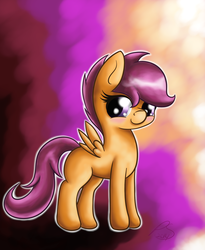 Size: 1375x1675 | Tagged: safe, artist:jonnysalami, scootaloo, pegasus, pony, g4, abstract background, blank flank, blushing, cute, cutealoo, female, filly, foal, signature, solo, spread wings, wings